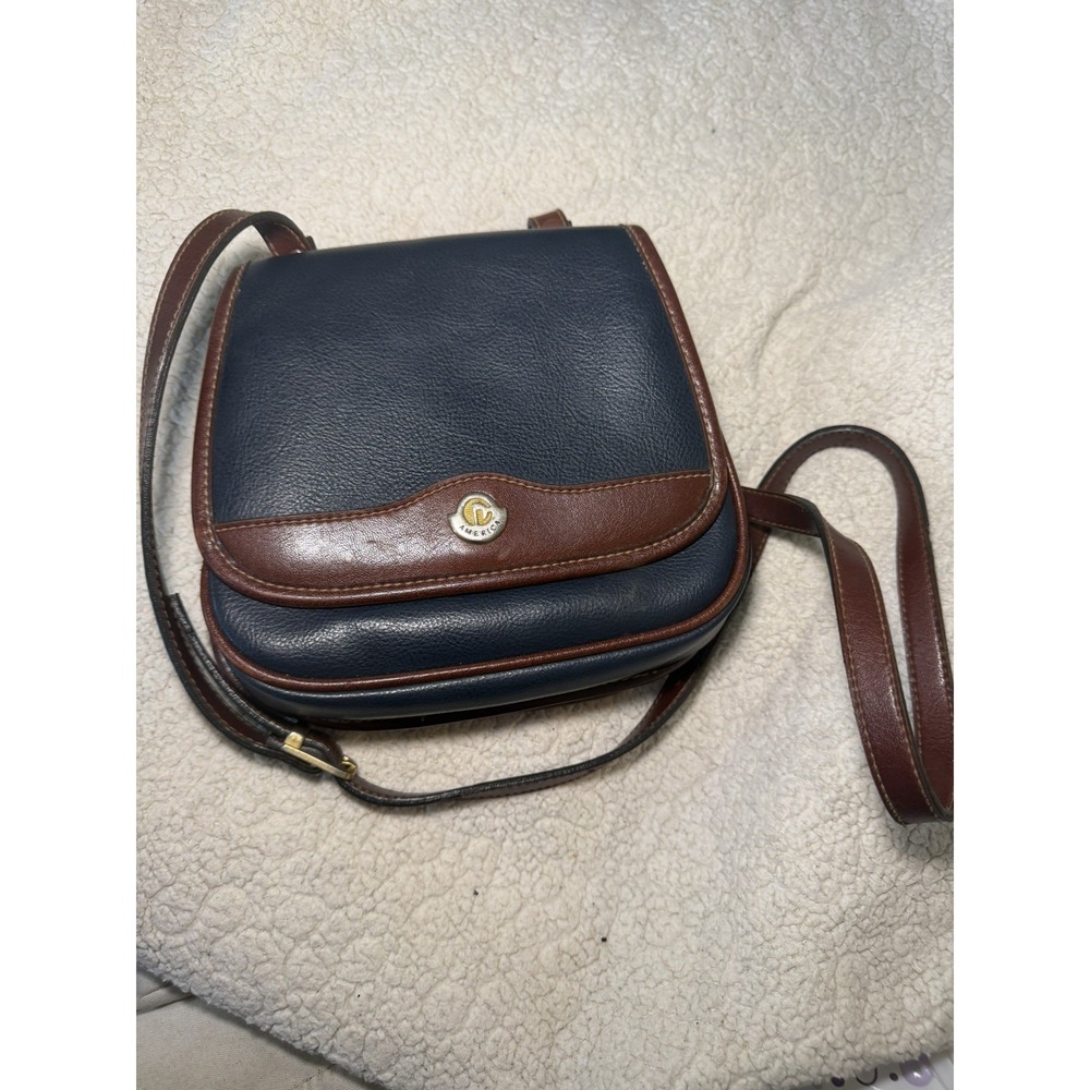 Vintage America Navy Blue Brown Leather Trim Crossbody Purse Handbag Gold Crest